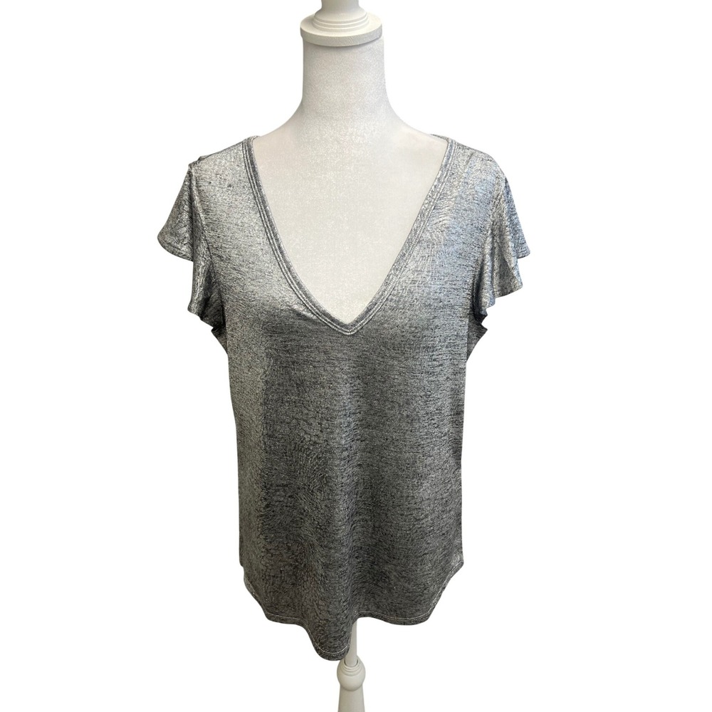 White House Black Market Metallic Silver V-Neck Flutter Sleeve‎ Top Sz M Party